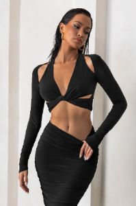 Admirable | Black Plunge Neck Twist Front Crop Top With Long Sleeves sold by Club L London