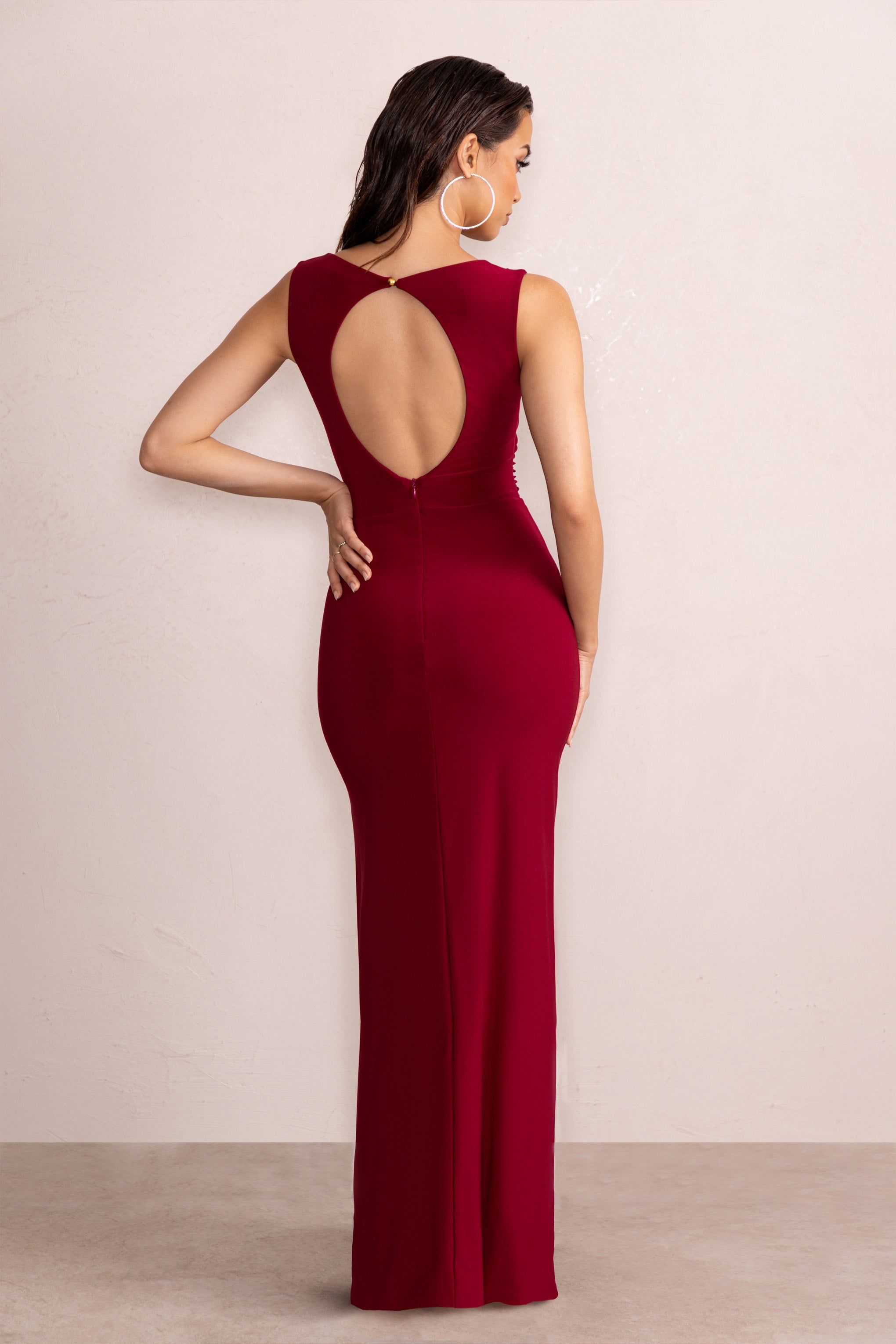 Ione | Berry Ruched Wide Neck Maxi Dress With Open Back Detail sold by Club L London product image thumbnail 2
