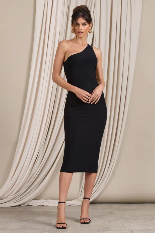 Vineyard | Black Asymmetric Backless Bodycon Midi Dress sold by Club L London