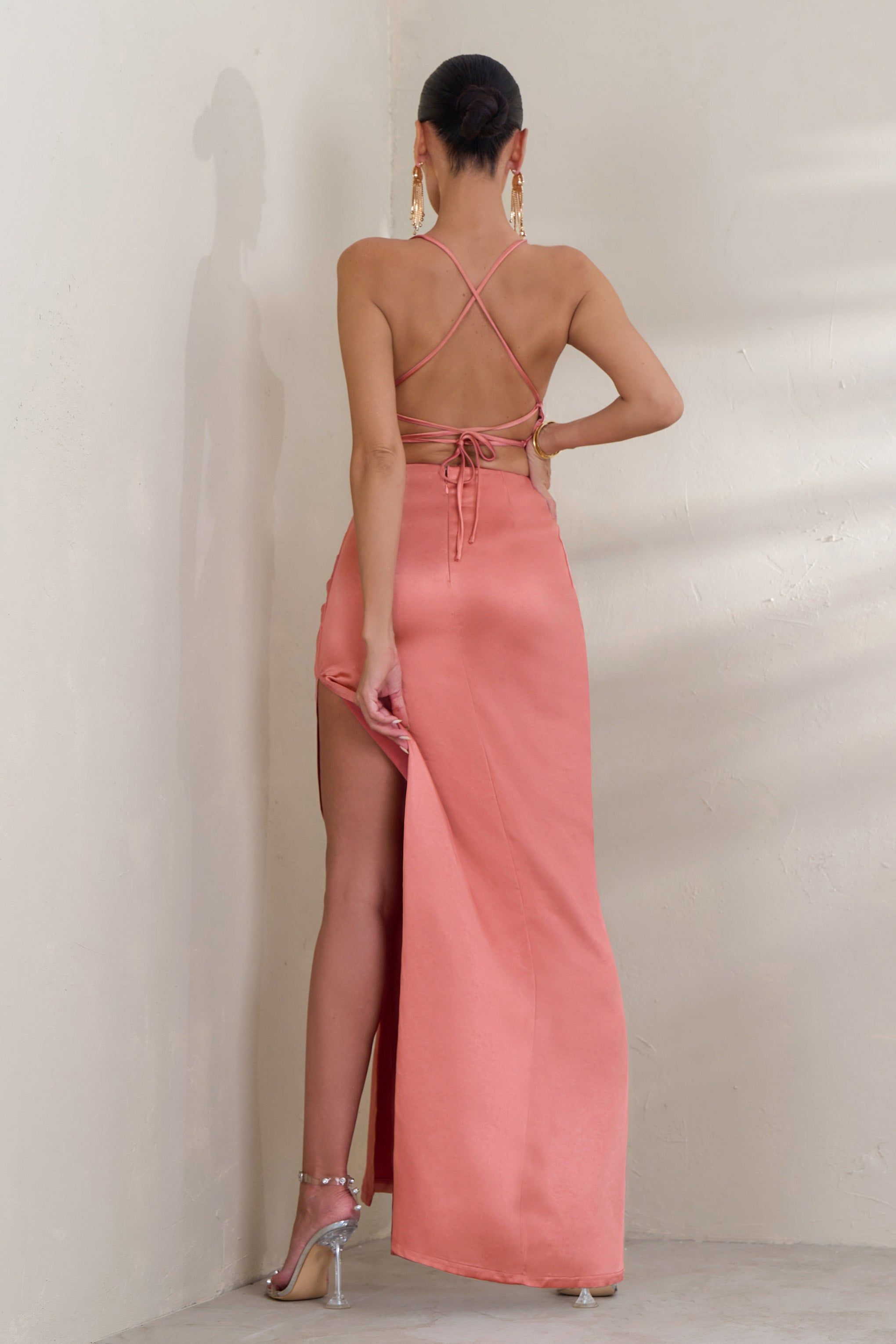 A-List | Coral Satin Cowl Maxi Dress With Thigh Split sold by Club L London product image thumbnail 2
