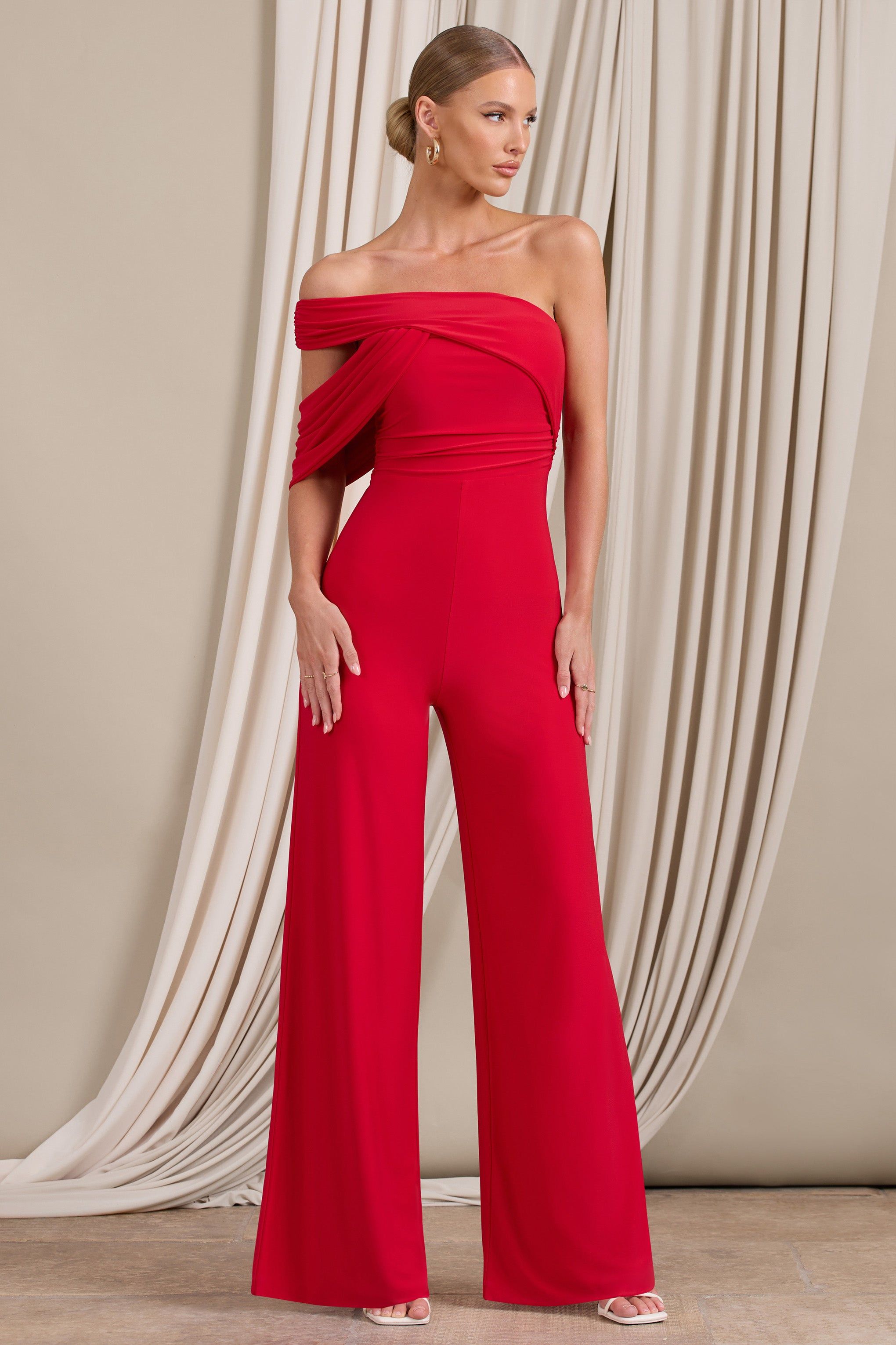 Candy | Red Asymmetric One Shoulder Ruched Jumpsuit sold by Club L London