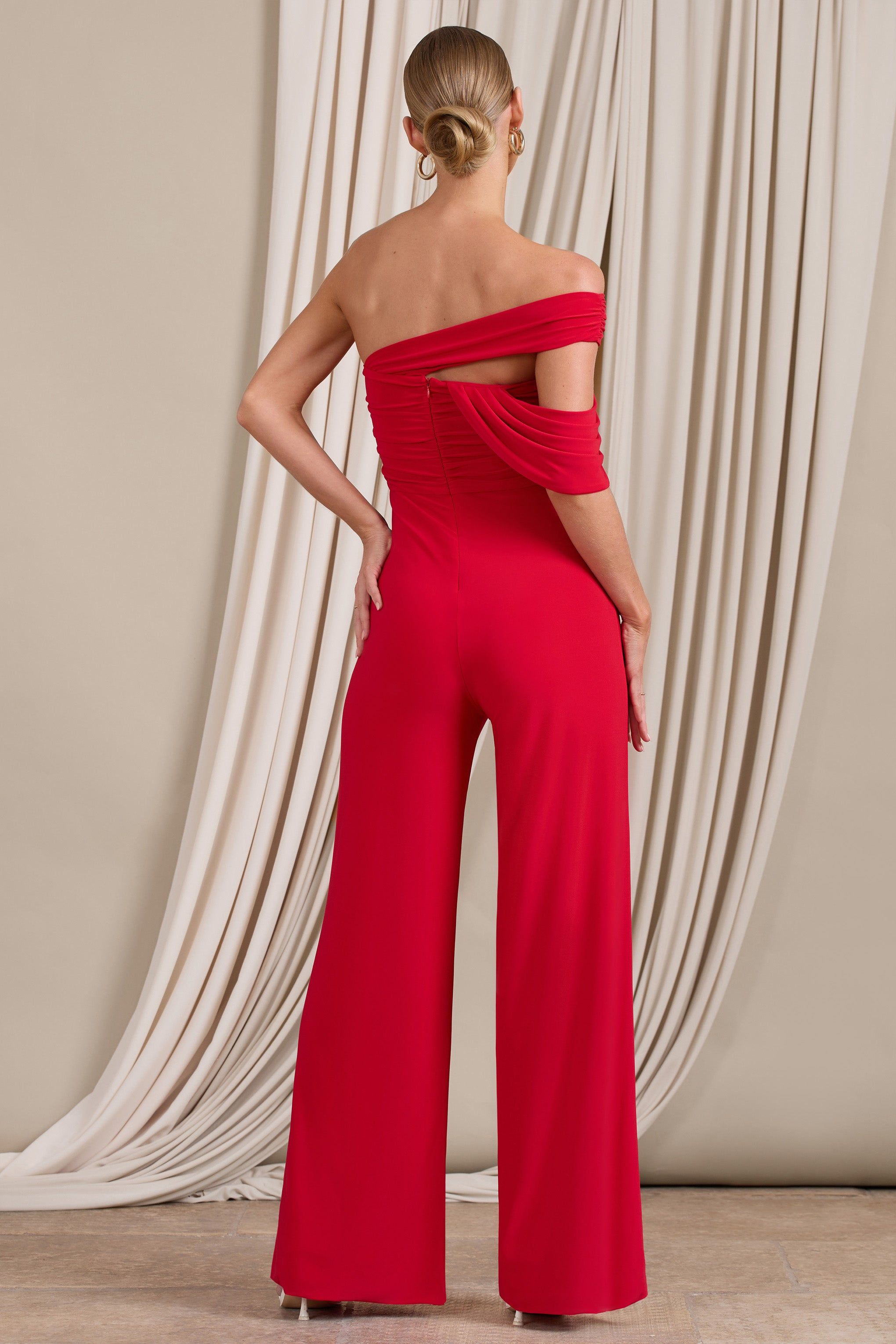 Candy | Red Asymmetric One Shoulder Ruched Jumpsuit sold by Club L London product image thumbnail 2