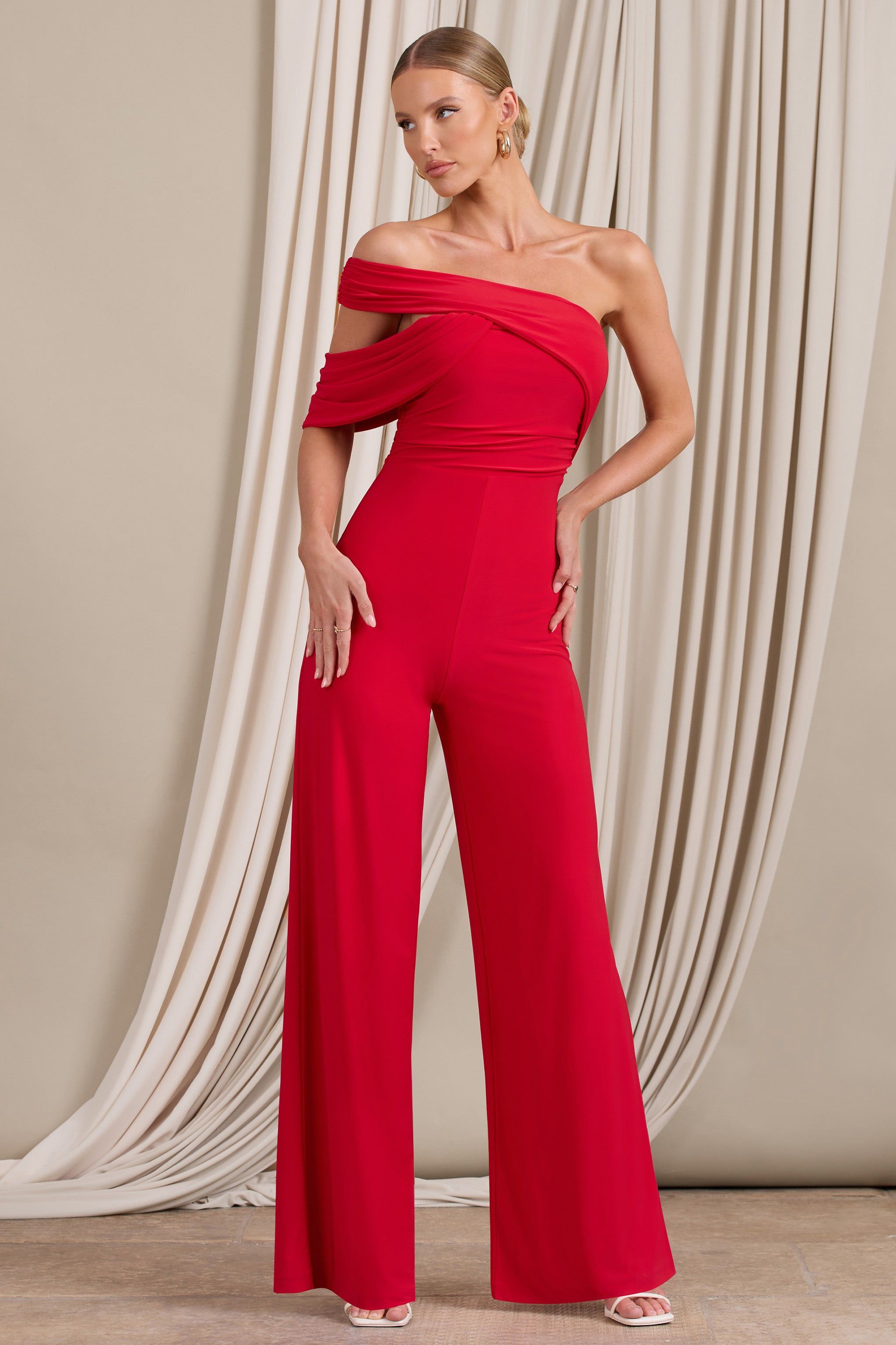 Candy | Red Asymmetric One Shoulder Ruched Jumpsuit sold by Club L London product image thumbnail 4