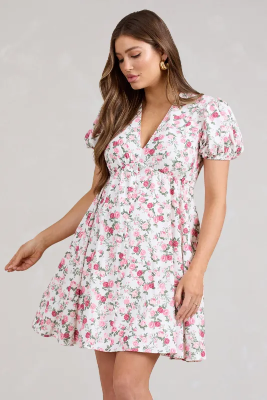 By The Cypress | Pink Floral Maternity V-Neck Puff-Sleeved Buttoned Mini Dress sold by Club L London