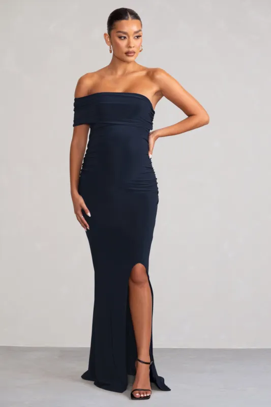New Addition | Navy Maternity One Shoulder Fishtail Maxi Dress sold by Club L London