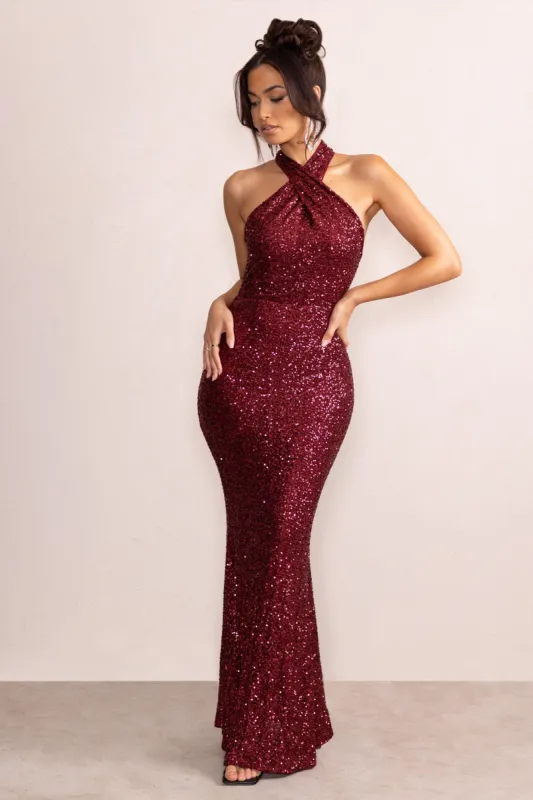Mina | Berry Sequin Cross Over Halterneck Maxi Dress sold by Club L London