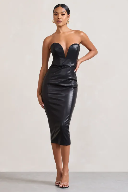 Hailey | Black Strapless Sweetheart Corset Midi Dress sold by Club L London