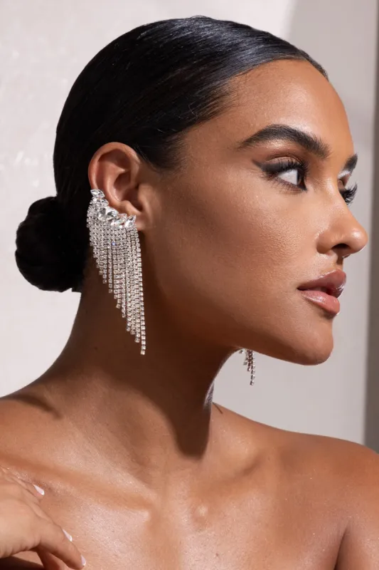 Belinda | Silver Ear Cuff Tassel Diamante Earrings sold by Club L London