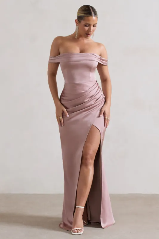 Katia | Blush Pink Satin Bardot Maxi Dress sold by Club L London