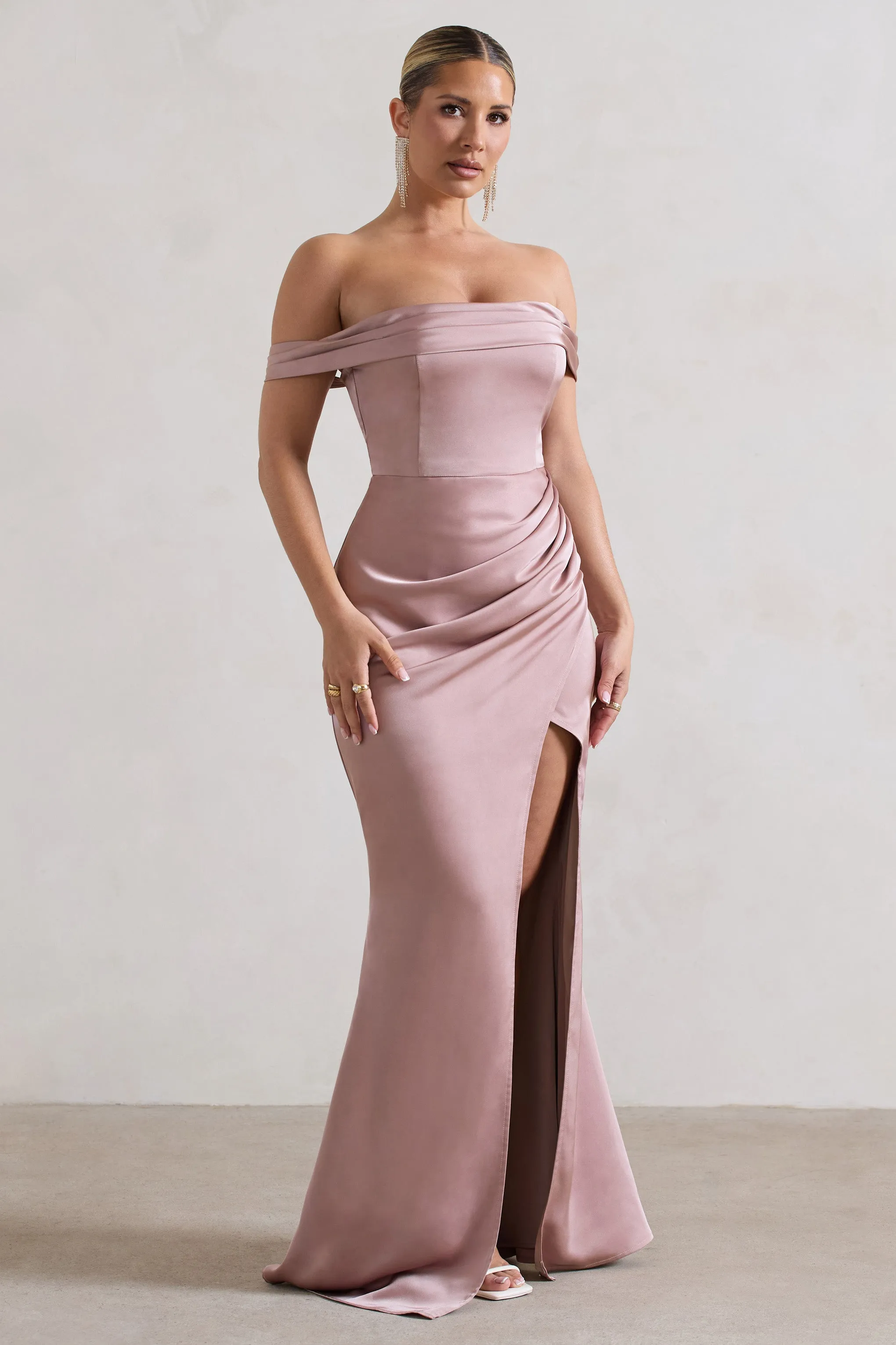 Katia | Blush Pink Satin Bardot Maxi Dress sold by Club L London product image thumbnail 4