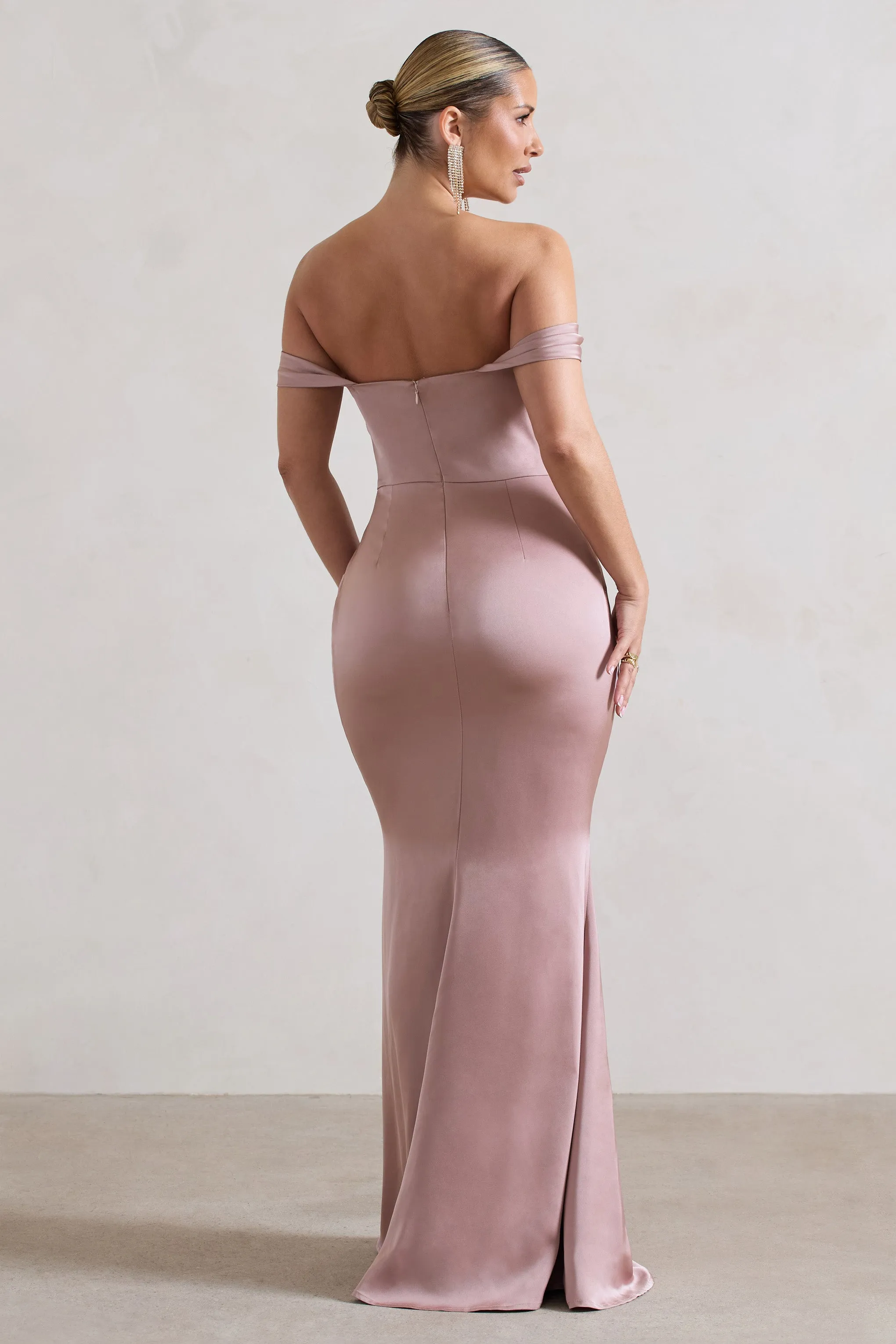 Katia | Blush Pink Satin Bardot Maxi Dress sold by Club L London product image thumbnail 2
