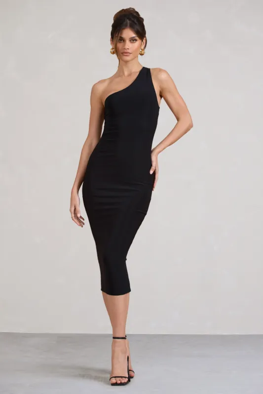 Vineyard | Black Asymmetric Backless Bodycon Midi Dress sold by Club L London