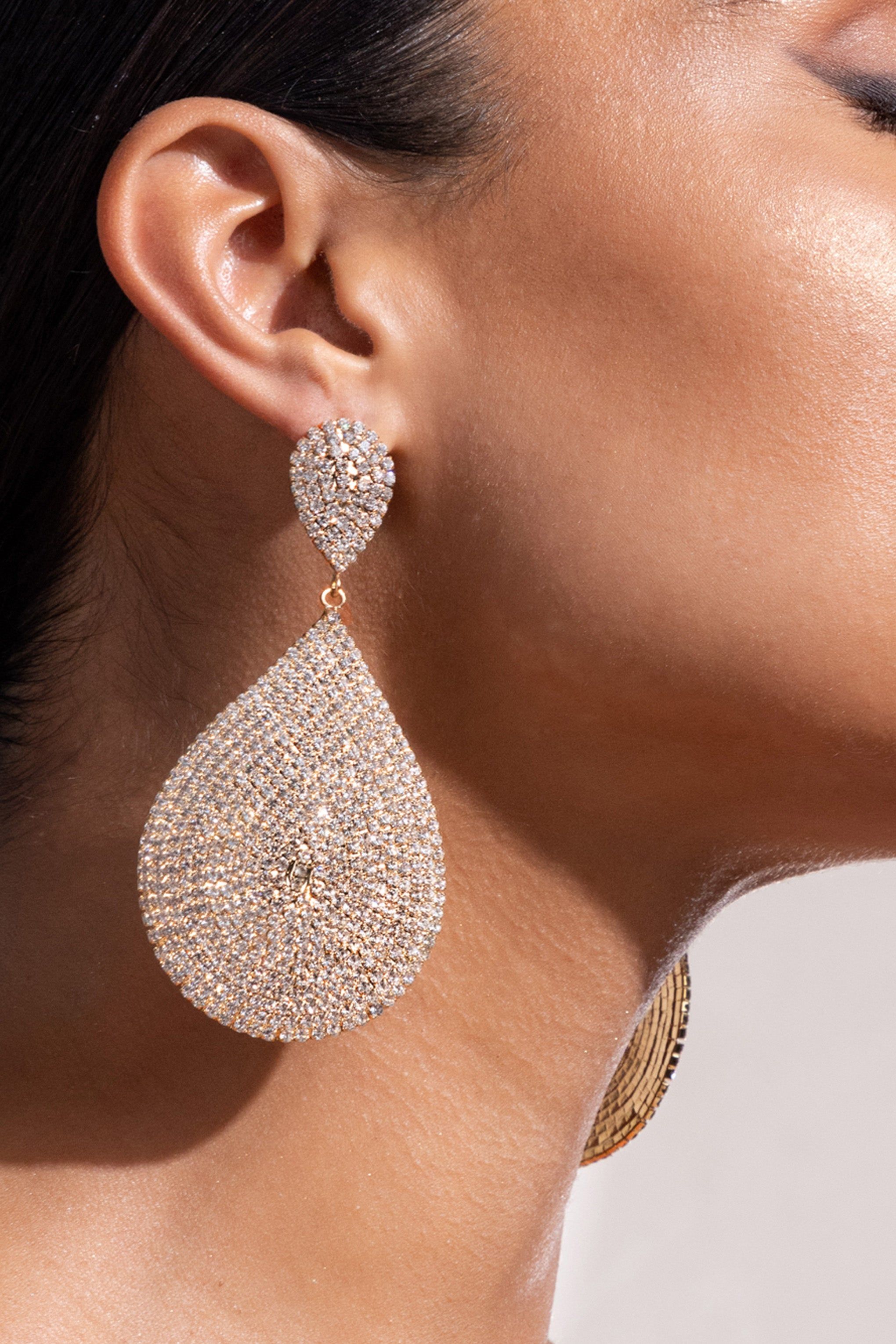 Lucia | Gold Diamante Statement Teardrop Earrings sold by Club L London product image thumbnail 3