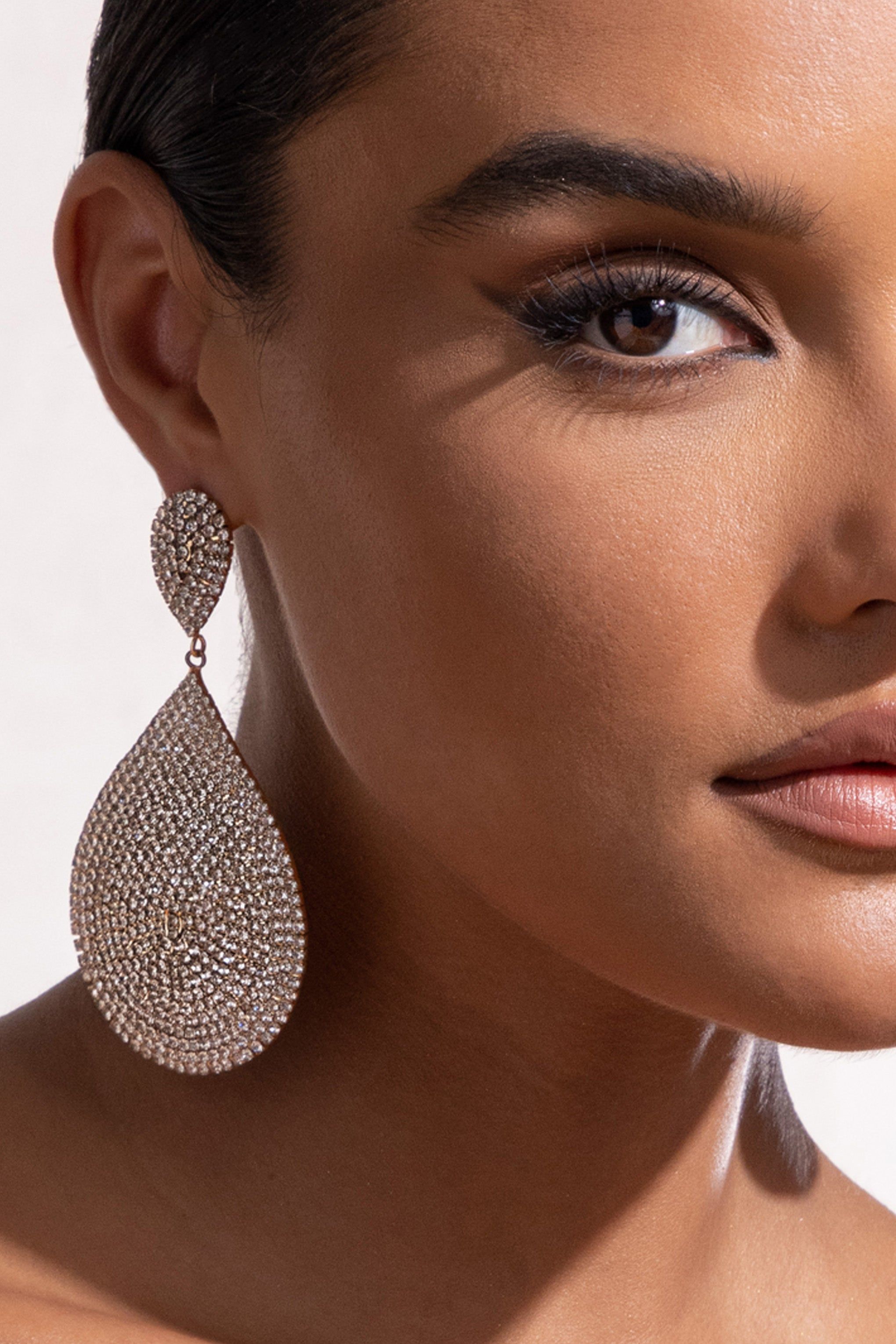 Lucia | Gold Diamante Statement Teardrop Earrings sold by Club L London product image thumbnail 2