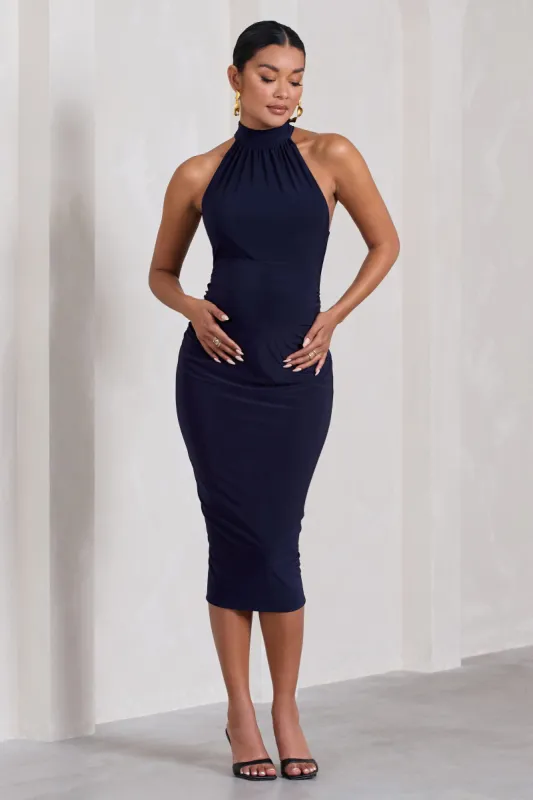 Dora | Navy Halter-Neck Open-Back Maternity Midi Dress sold by Club L London