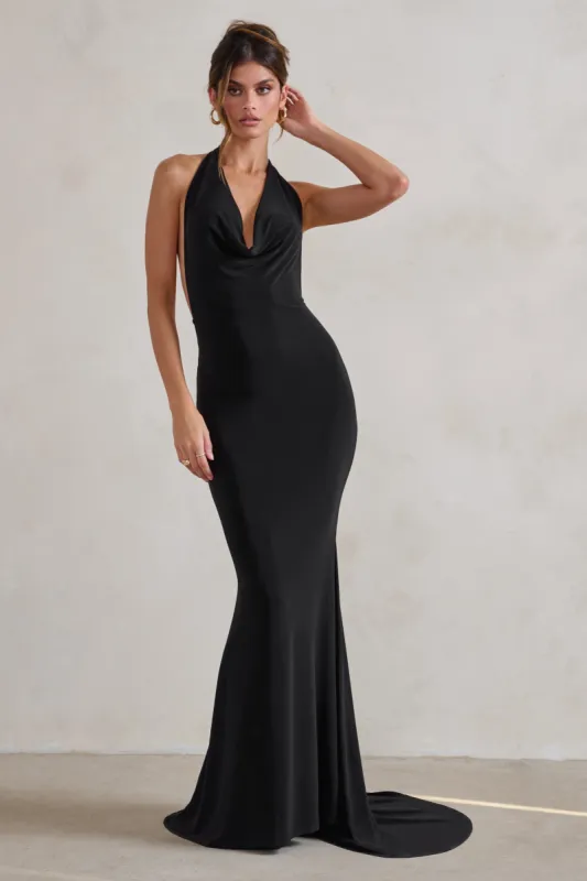 Saffina | Black Cowl Neck Low Back Maxi Dress sold by Club L London