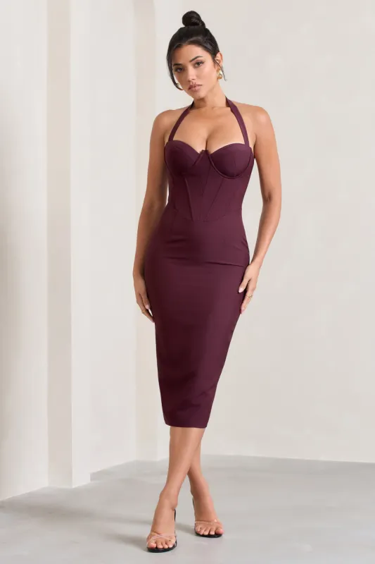 Supermodel | Burgundy Halter-Neck Corset Midi Dress sold by Club L London