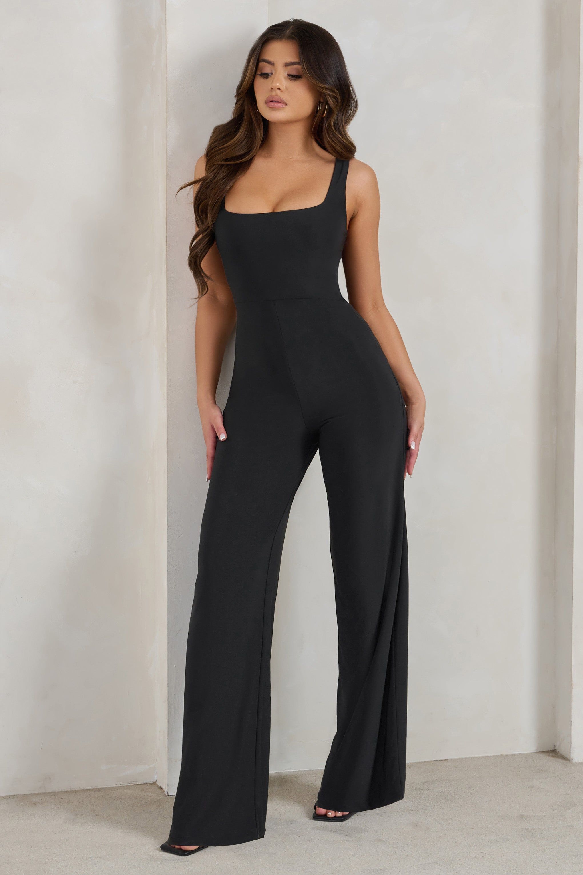 Toni | Black Square Neck Sleeveless Jumpsuit sold by Club L London