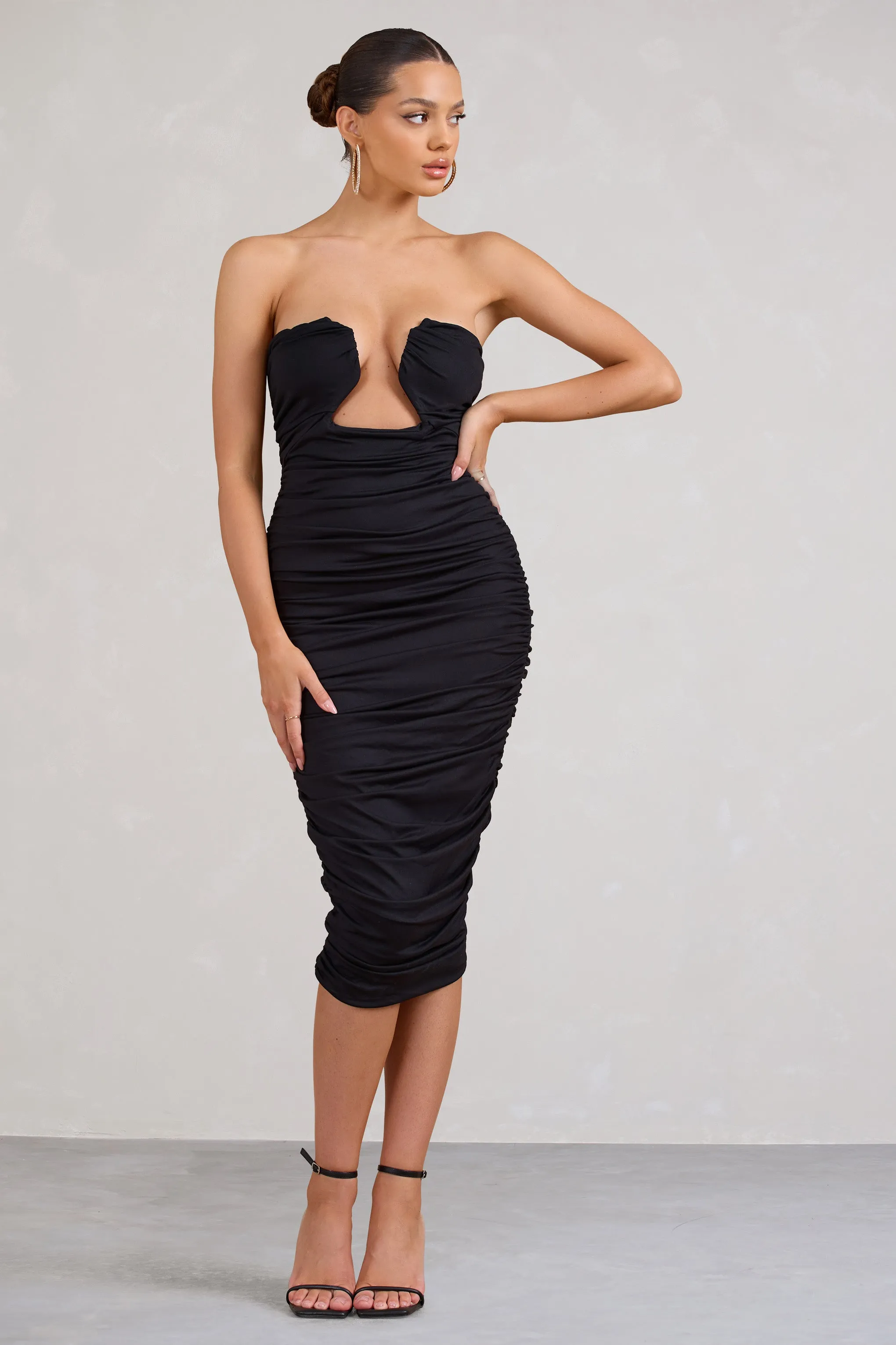 Stately | Black Cut-Out Ruched Bodycon Midi Dress sold by Club L London