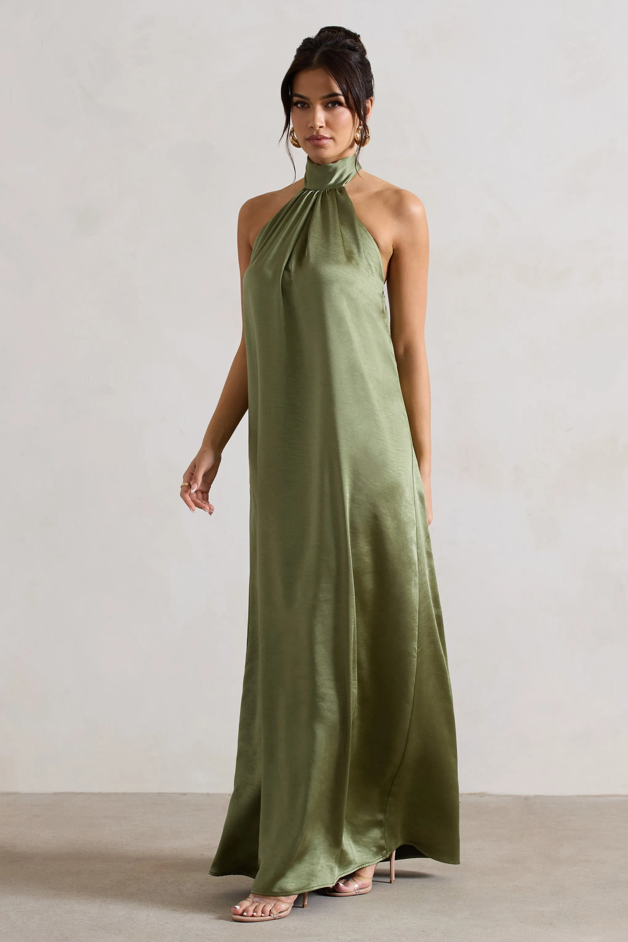 Gloriana | Olive Green Satin High-Neck Maxi Dress sold by Club L London product image thumbnail 4