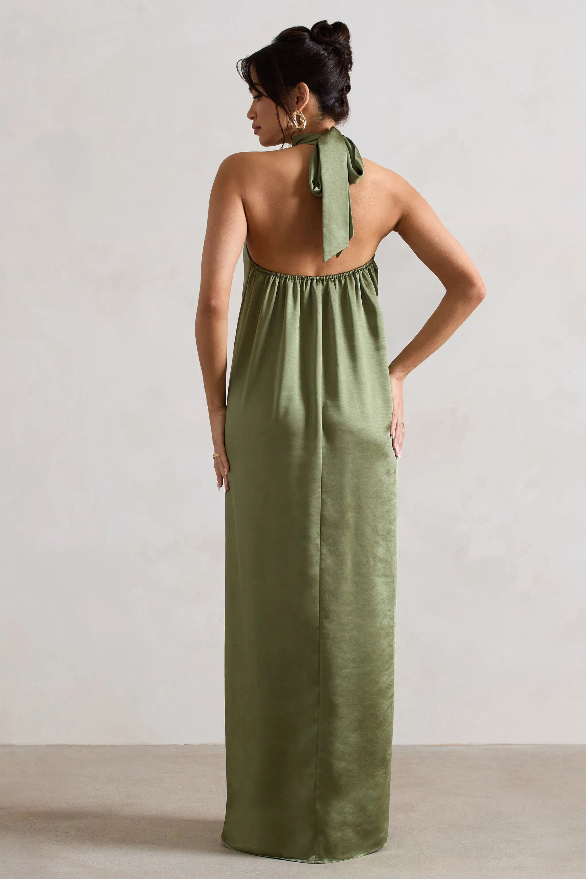 Gloriana | Olive Green Satin High-Neck Maxi Dress sold by Club L London product image thumbnail 2