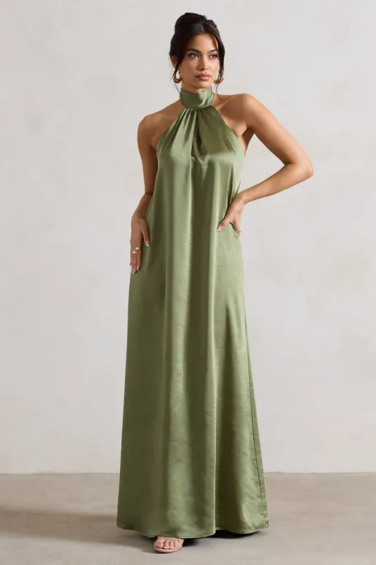 Gloriana | Olive Green Satin High-Neck Maxi Dress sold by Club L London