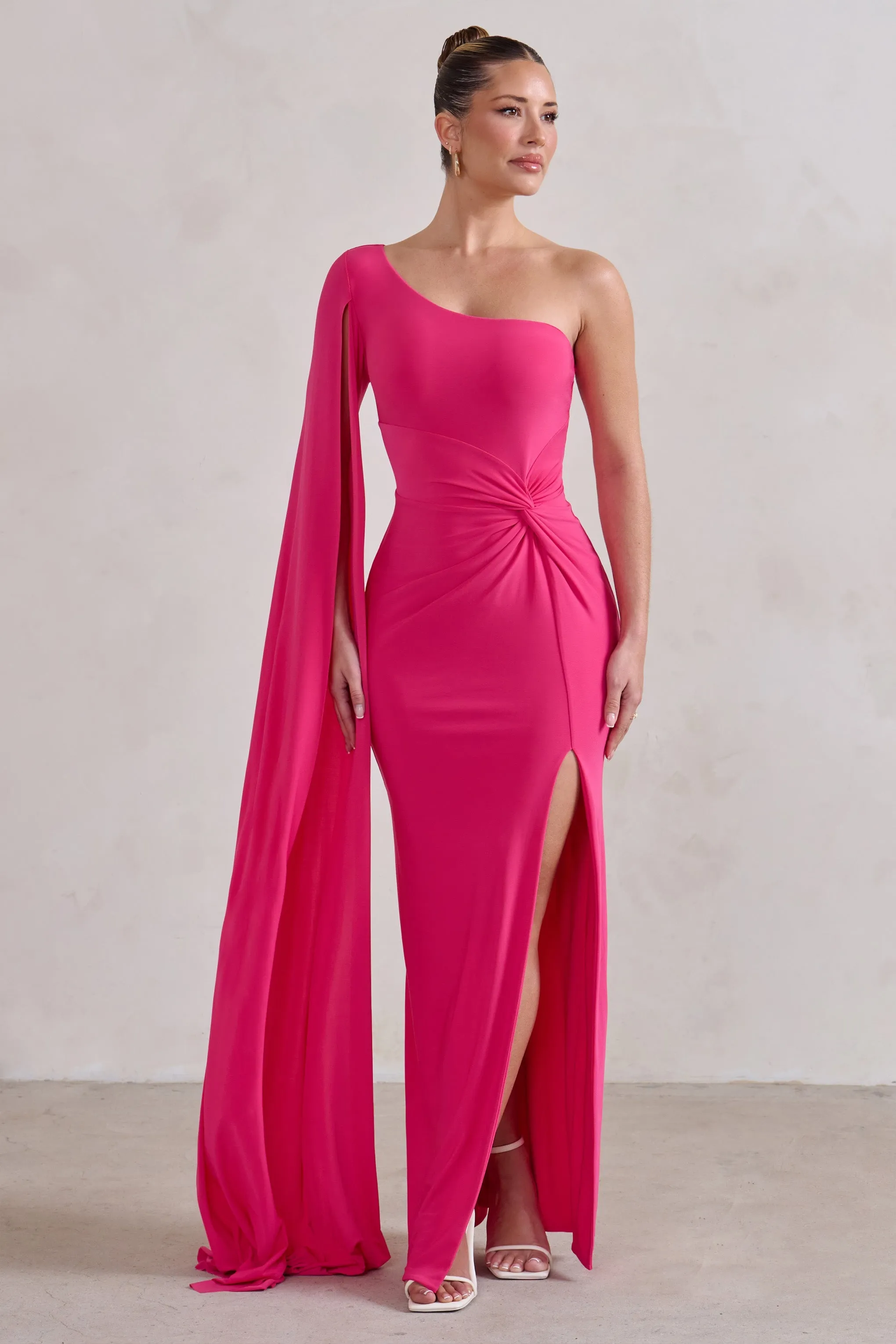 Romi | Hot Pink One Shoulder Twist Design Maxi Dress sold by Club L London