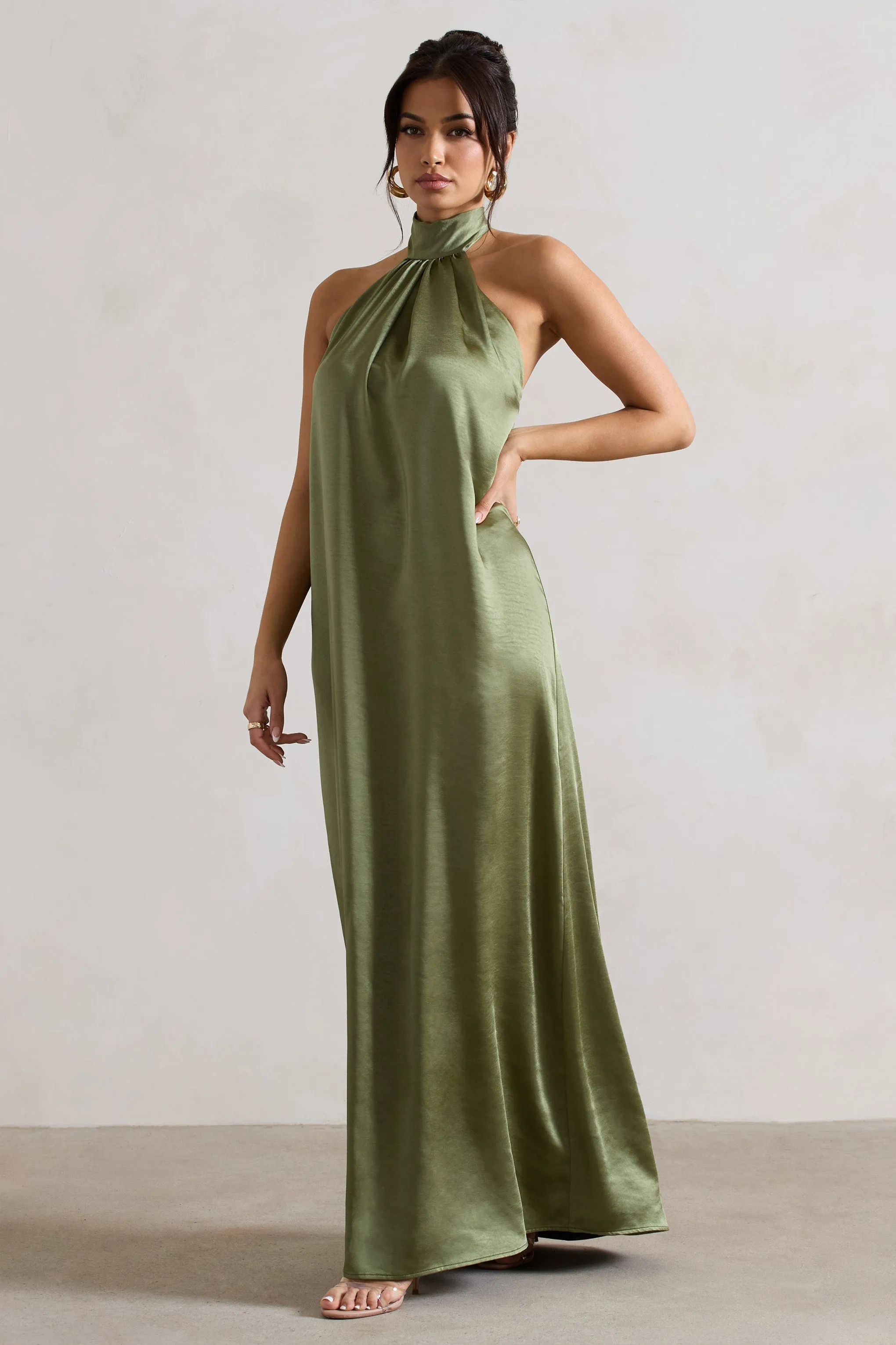 Gloriana | Olive Green Satin High-Neck Maxi Dress sold by Club L London product image thumbnail 5