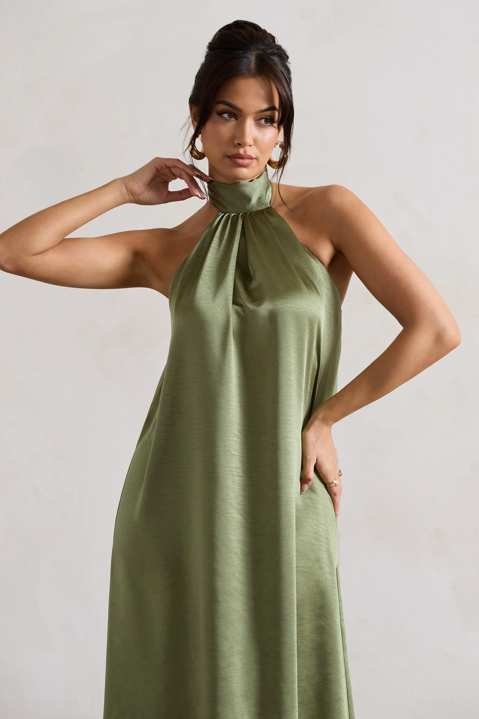 Gloriana | Olive Green Satin High-Neck Maxi Dress sold by Club L London product image thumbnail 3