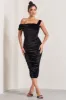 Daniela | Black Velvet One Shoulder Ruched Midi Dress sold by Club L London