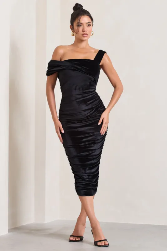 Daniela | Black Velvet One Shoulder Ruched Midi Dress sold by Club L London
