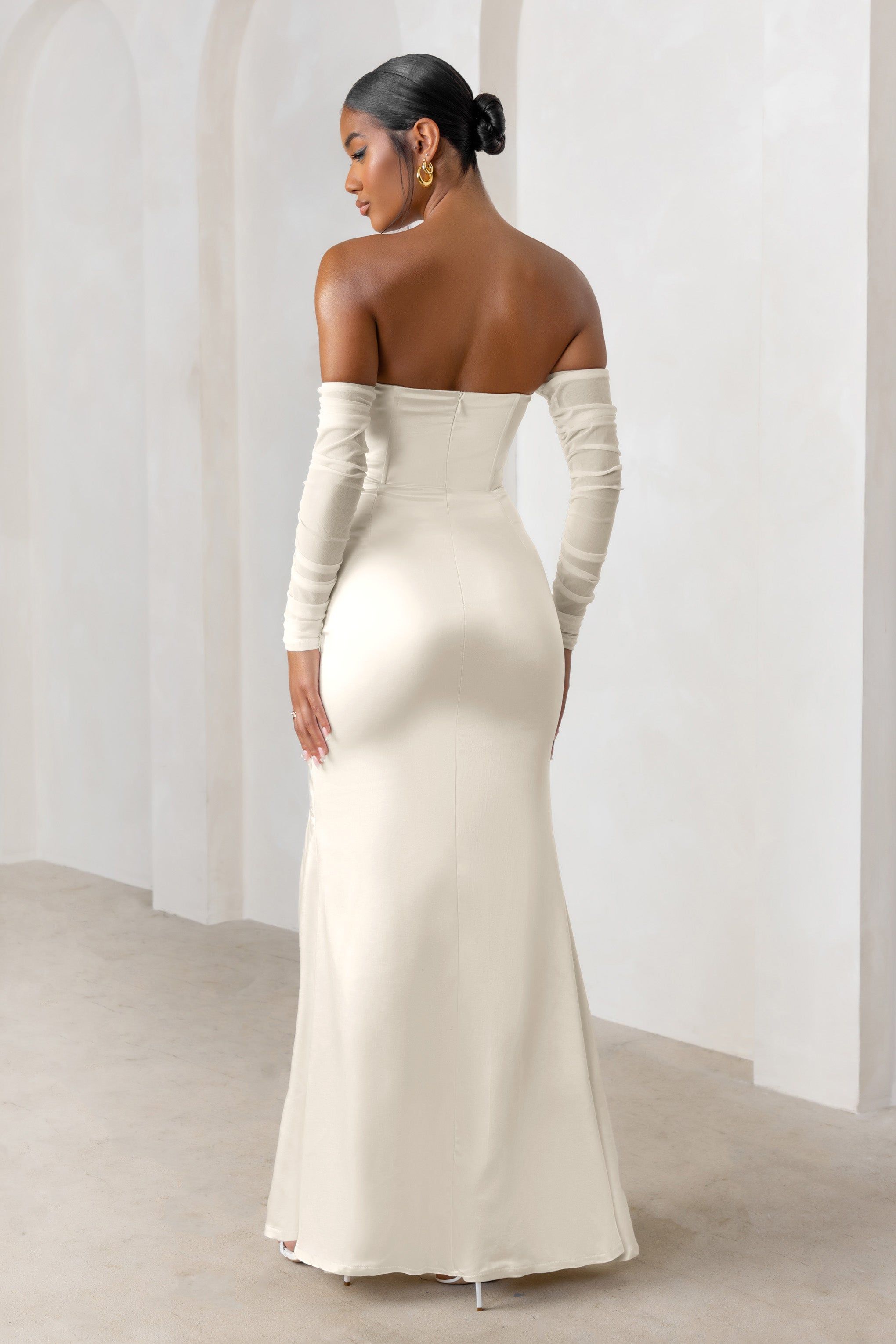 My Prize | Cream Satin Bardot Mesh Long Sleeve Maxi Dress With Thigh Split sold by Club L London product image thumbnail 2