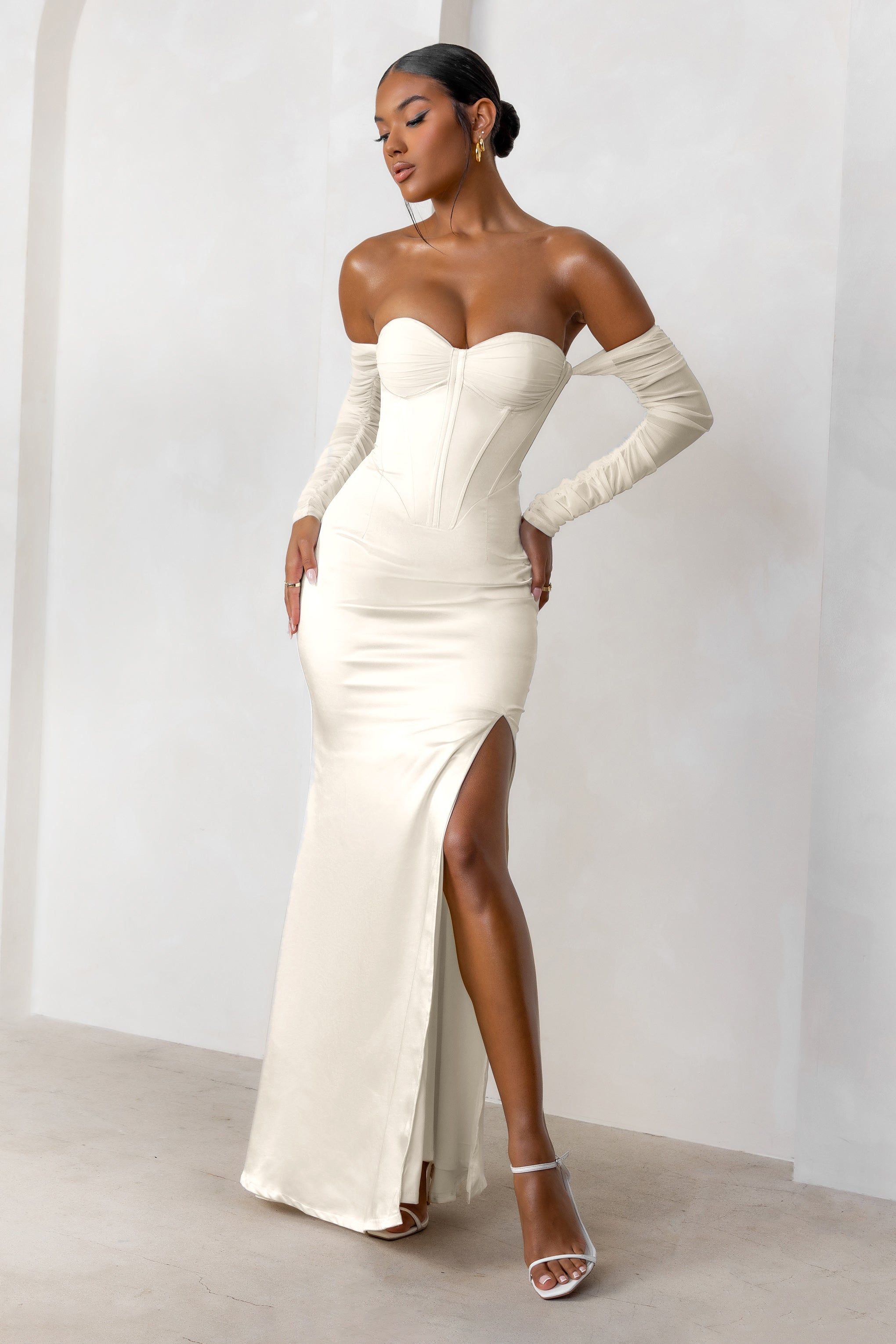 My Prize | Cream Satin Bardot Mesh Long Sleeve Maxi Dress With Thigh Split sold by Club L London product image thumbnail 4