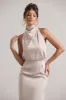 Geena | Champagne Satin Twisted High-Neck Midi Dress sold by Club L London