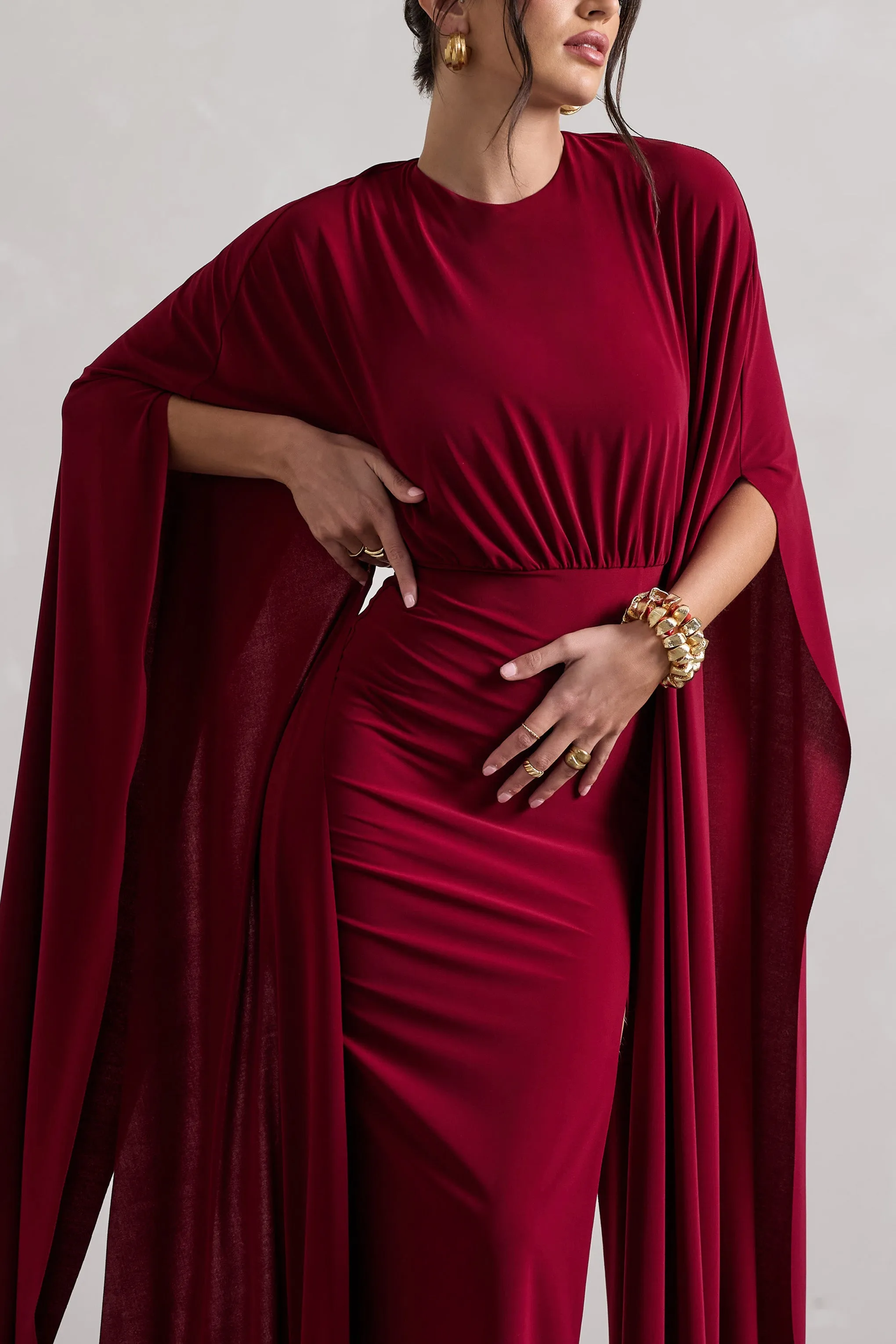 Ilaria | Berry Cape Sleeve Split Maxi Dress sold by Club L London product image thumbnail 3