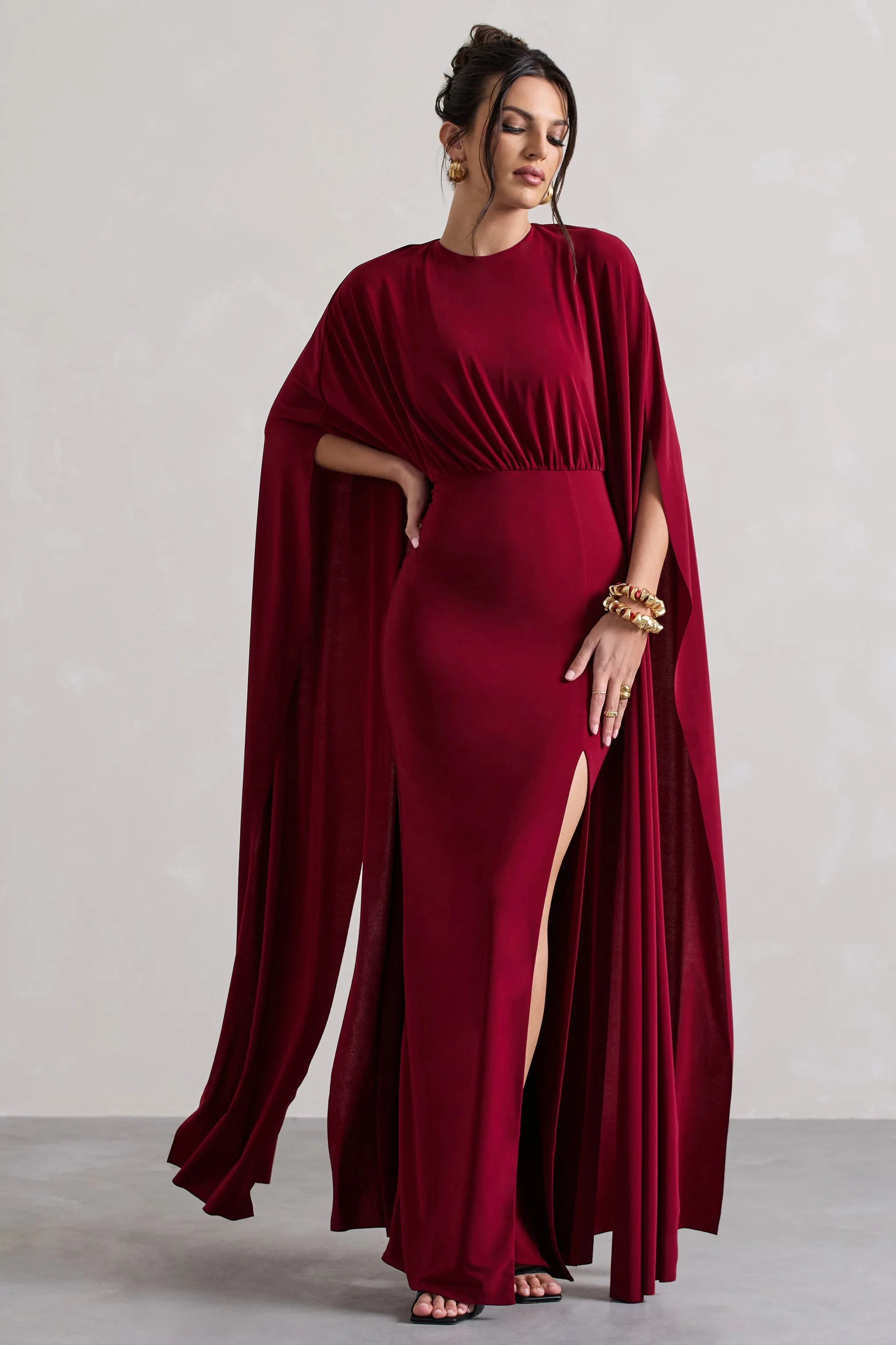 Ilaria | Berry Cape Sleeve Split Maxi Dress sold by Club L London