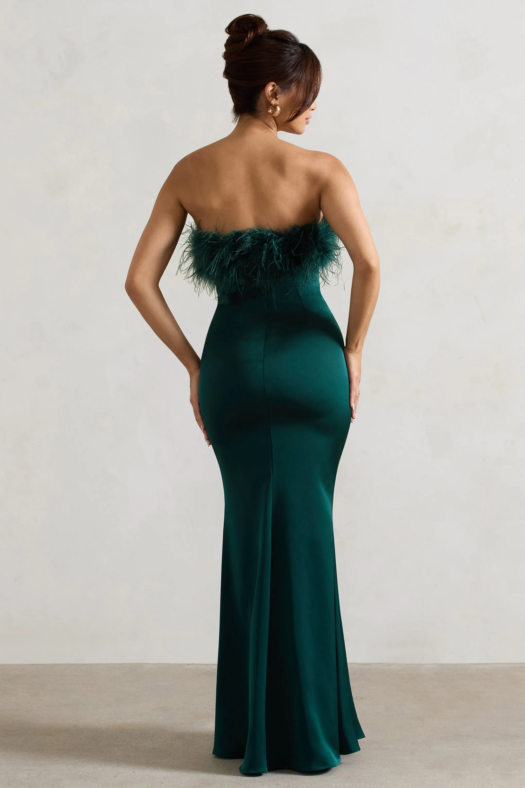 Dress For It | Bottle Green Satin Feather Trim Bandeau Maxi Dress sold by Club L London product image thumbnail 2