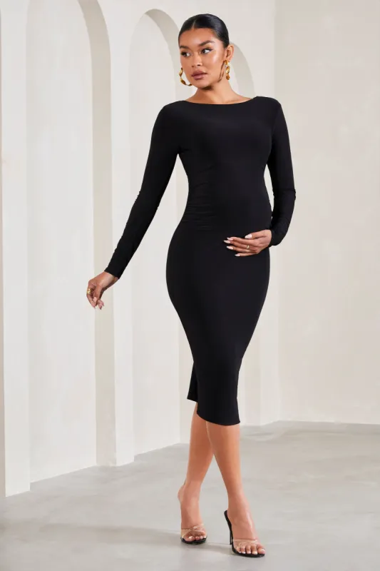 Embrace | Black Long-Sleeved Maternity Midi Dress sold by Club L London