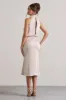 Geena | Champagne Satin Twisted High-Neck Midi Dress sold by Club L London