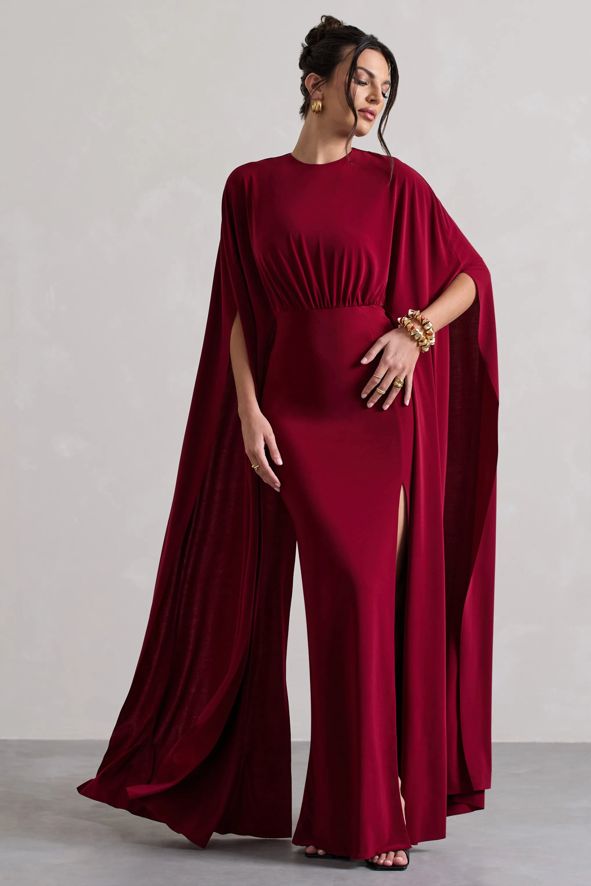 Ilaria | Berry Cape Sleeve Split Maxi Dress sold by Club L London product image thumbnail 5