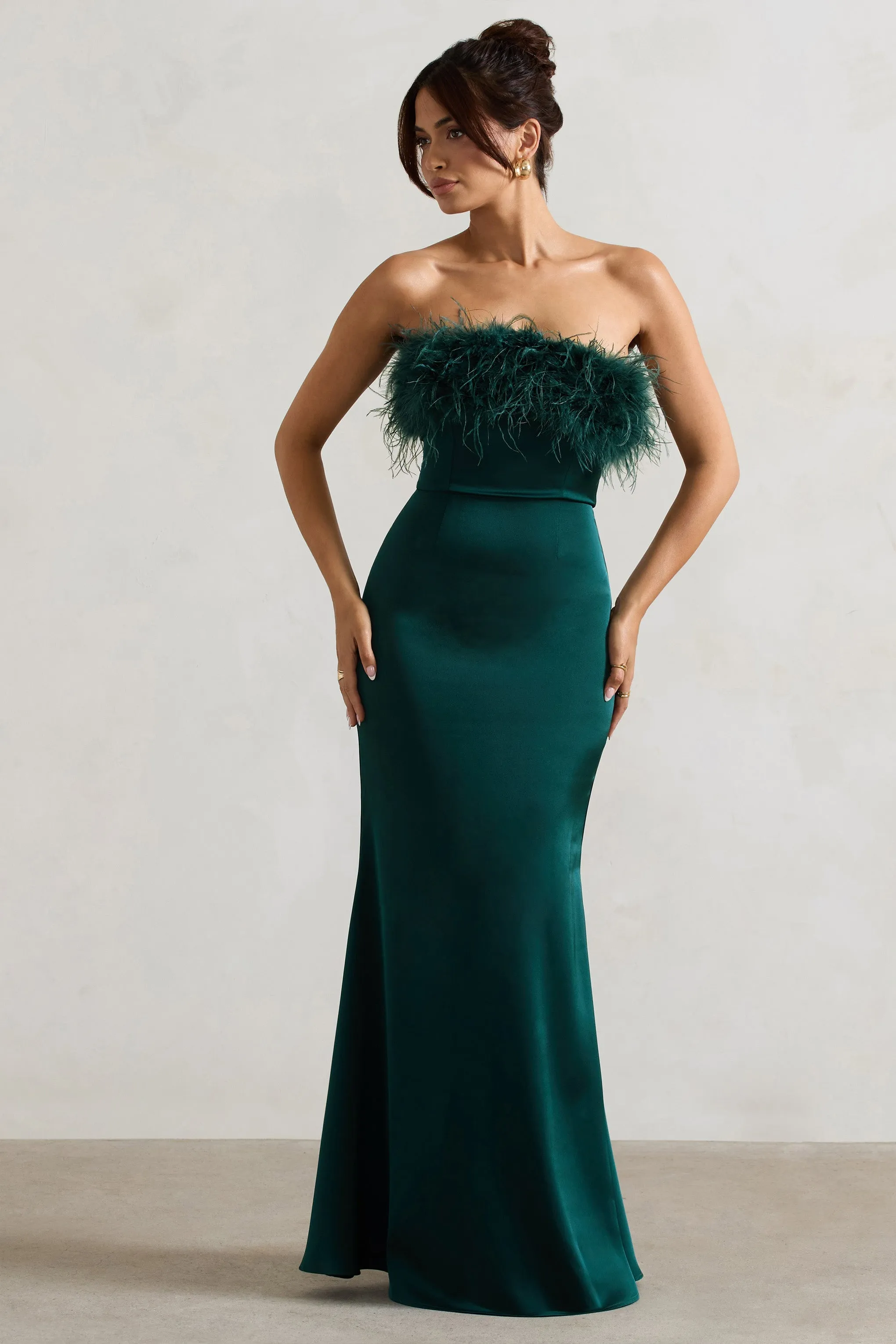 Dress For It | Bottle Green Satin Feather Trim Bandeau Maxi Dress sold by Club L London product image thumbnail 5