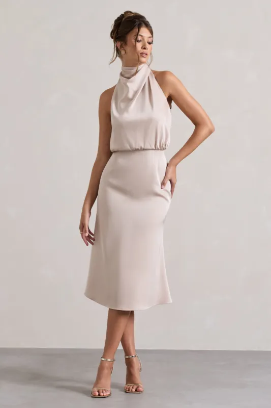 Geena | Champagne Satin Twisted High-Neck Midi Dress sold by Club L London