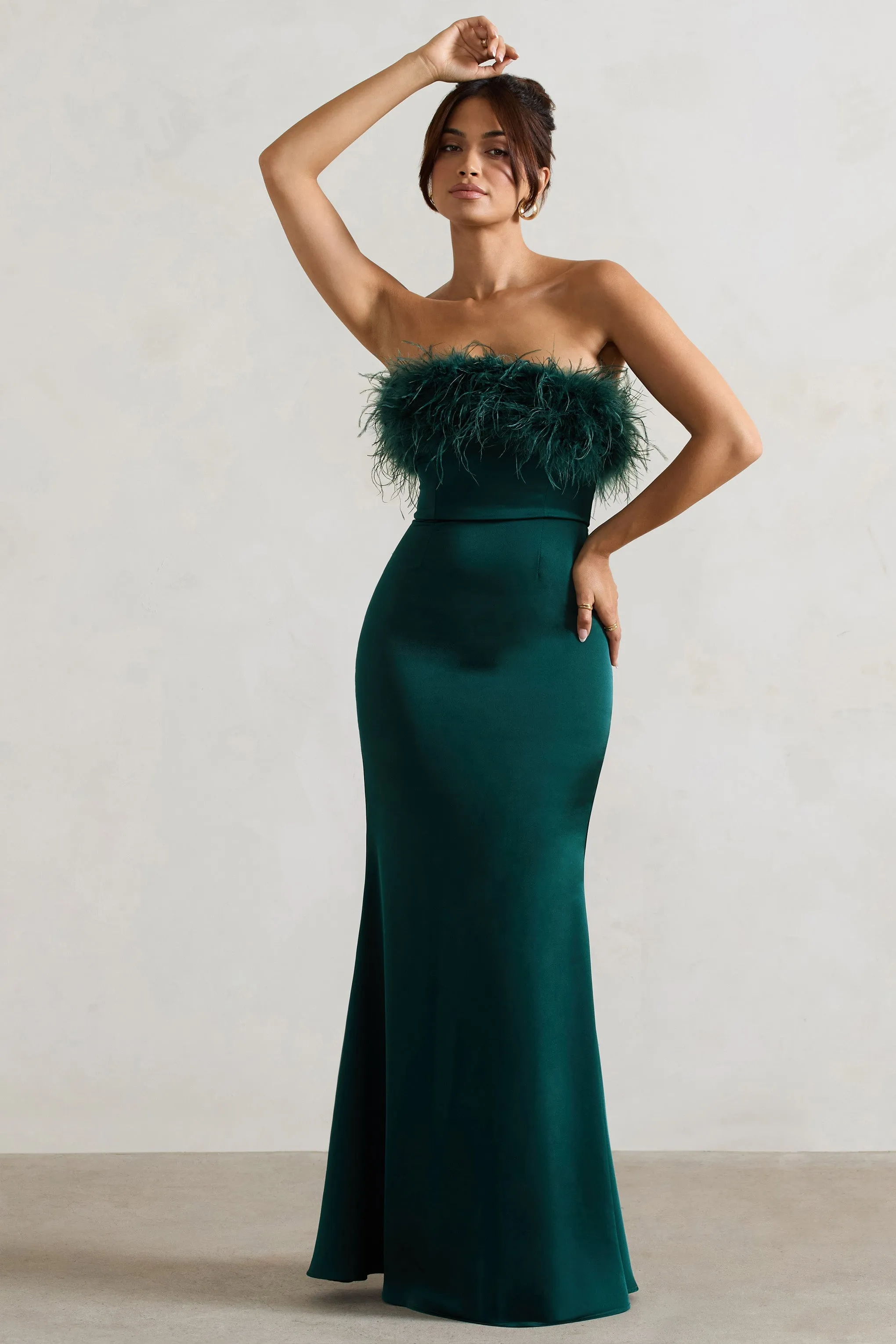 Dress For It | Bottle Green Satin Feather Trim Bandeau Maxi Dress sold by Club L London product image thumbnail 4