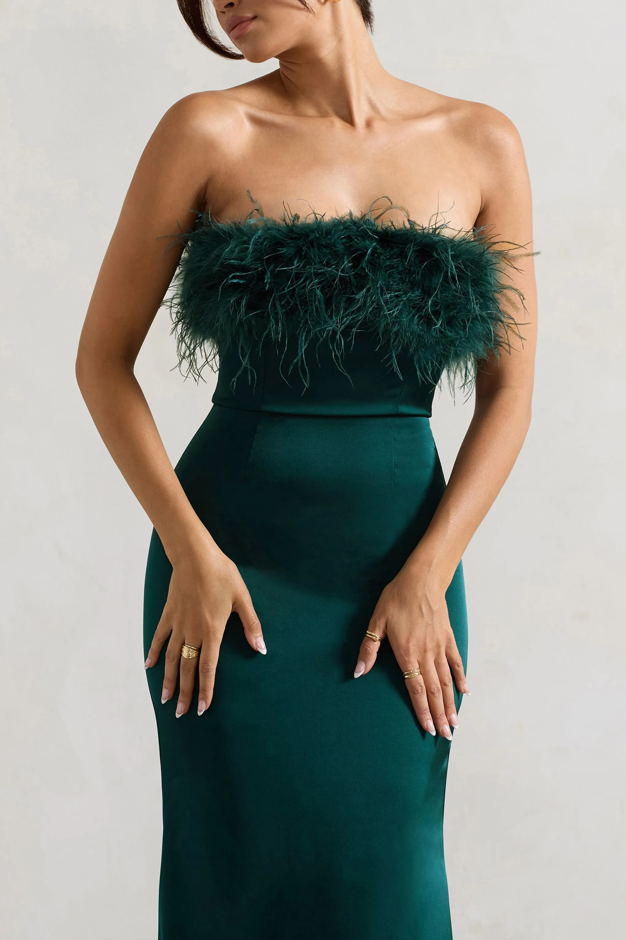 Dress For It | Bottle Green Satin Feather Trim Bandeau Maxi Dress sold by Club L London product image thumbnail 3