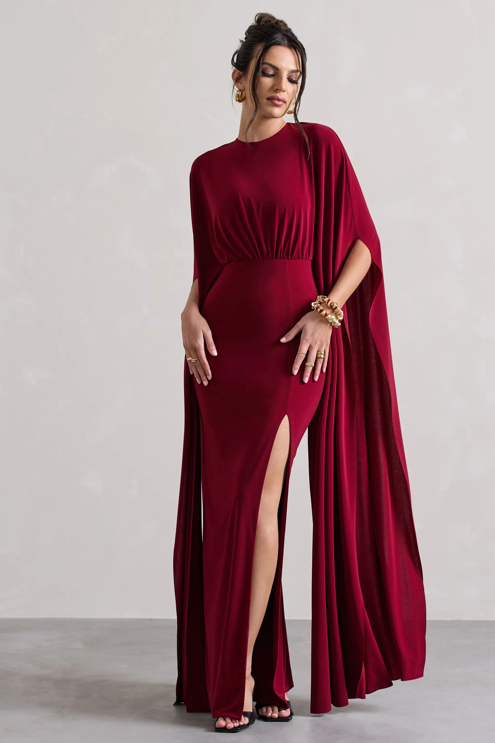 Ilaria | Berry Cape Sleeve Split Maxi Dress sold by Club L London product image thumbnail 4