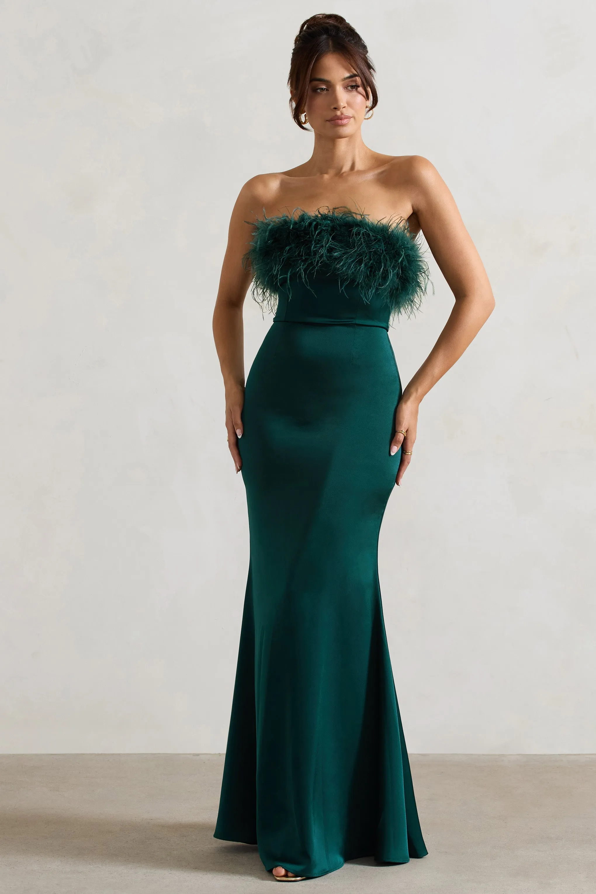 Dress For It | Bottle Green Satin Feather Trim Bandeau Maxi Dress sold by Club L London