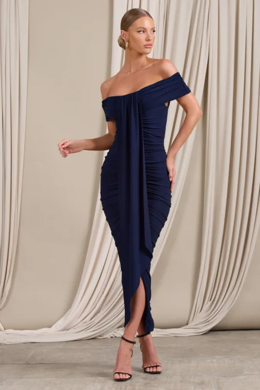 Camrin | Navy Ruched Bardot Maxi Dress With Train Detail sold by Club L London