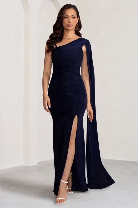Alexia | Navy One-Shoulder Maxi Dress with Cape Sleeve and Thigh Split sold by Club L London