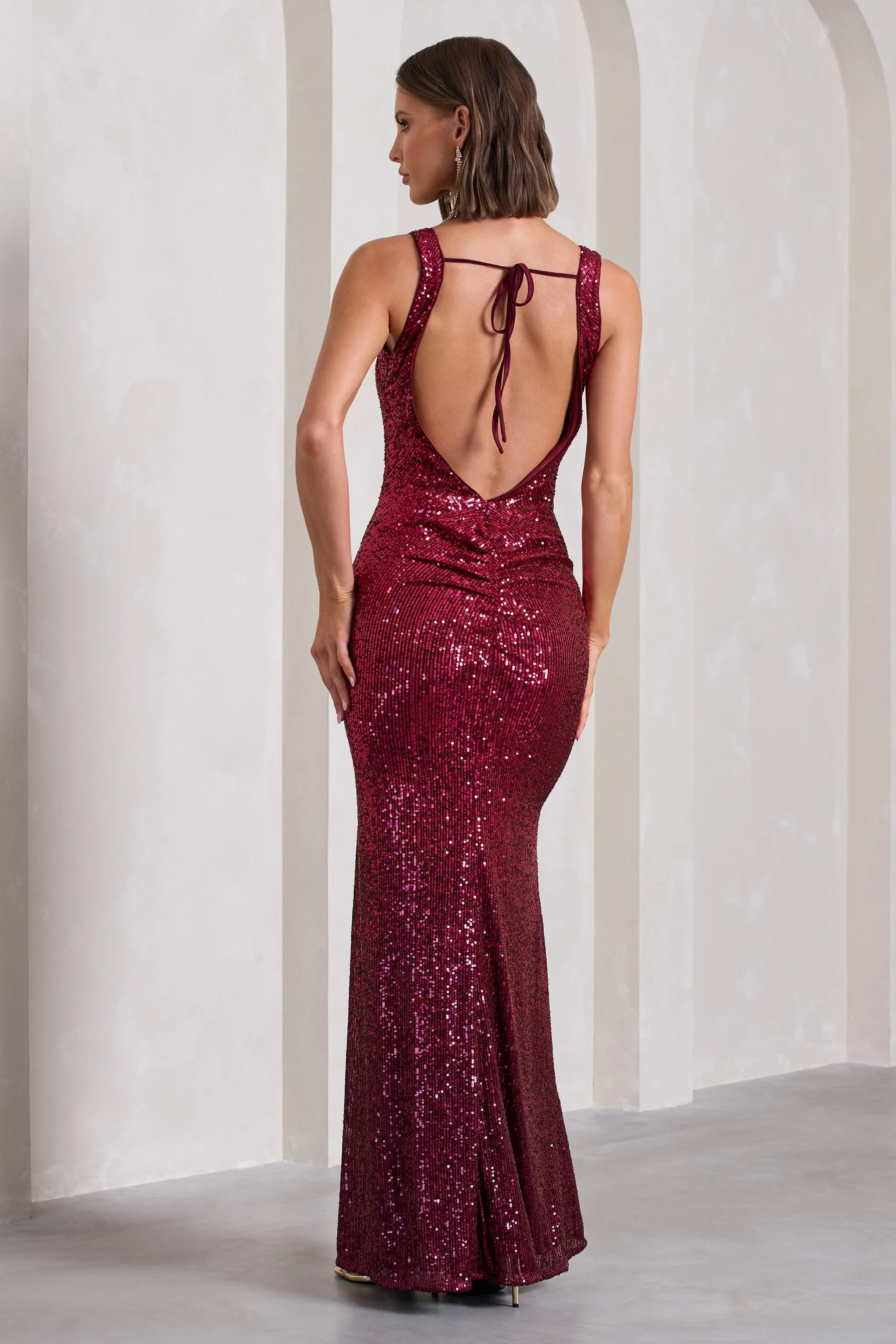 Yvonne | Plum Sequin Open-Back Bodycon Maxi Dress sold by Club L London product image thumbnail 2
