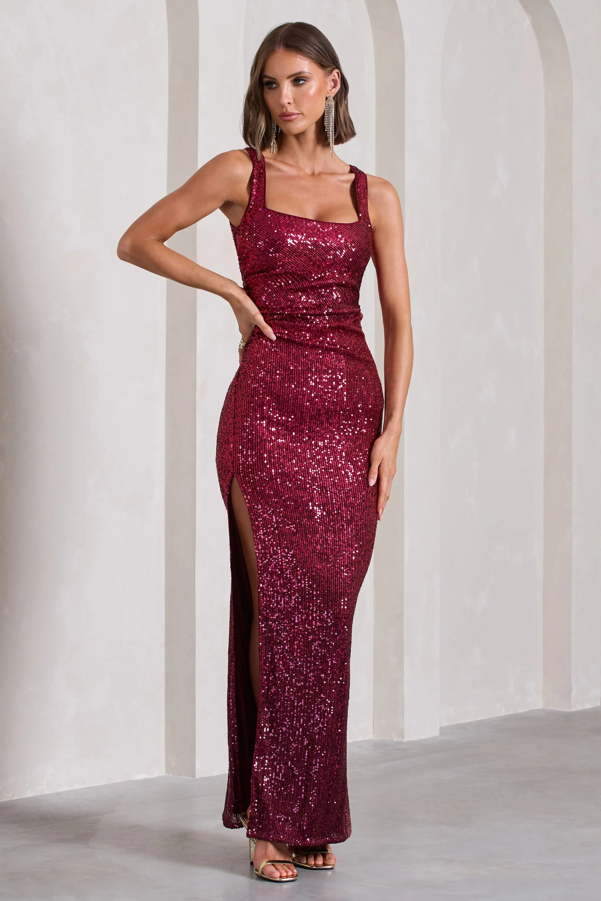Yvonne | Plum Sequin Open-Back Bodycon Maxi Dress sold by Club L London